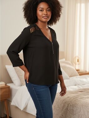 BONGO Black V-Neck Zip Front Blouse with Ladder Shoulder Detail